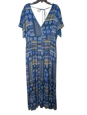 Garnet Hill Blue Boho Lined Maxi Dress Surplice Bodice Tie Zip Back Womens 16